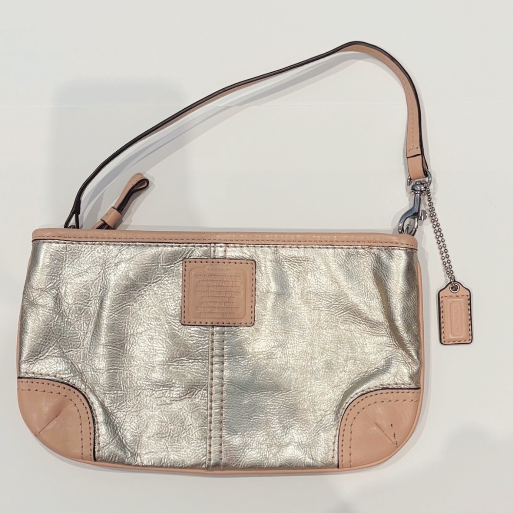 COACH Metallic Silver Leather Wristlet with Tan Trim – Large Pouch